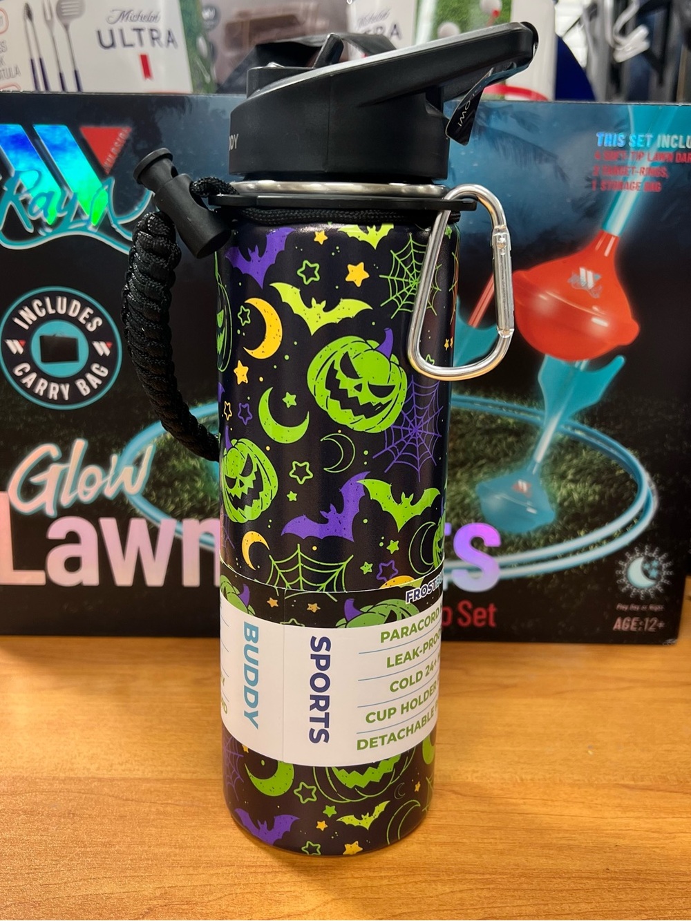 Halloween Pumpkin & Bat Sports Water Bottle - Black, Green, Purple
